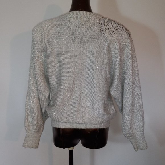 crew-neck silver metalic thread acrylic sweater sequin and beaded vintage 1980s - Picture 3 of 16